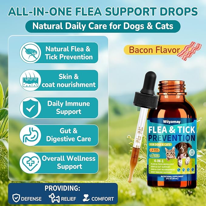 4-IN-1 Flea and Tick Prevention Drops for Dogs and Cats, Natural Cat & Dog Flea and Tick Treatment, Supports Flea Defense, Gut Health, Skin & Coat Nourishment, and Immune Support, Bacon Flavor