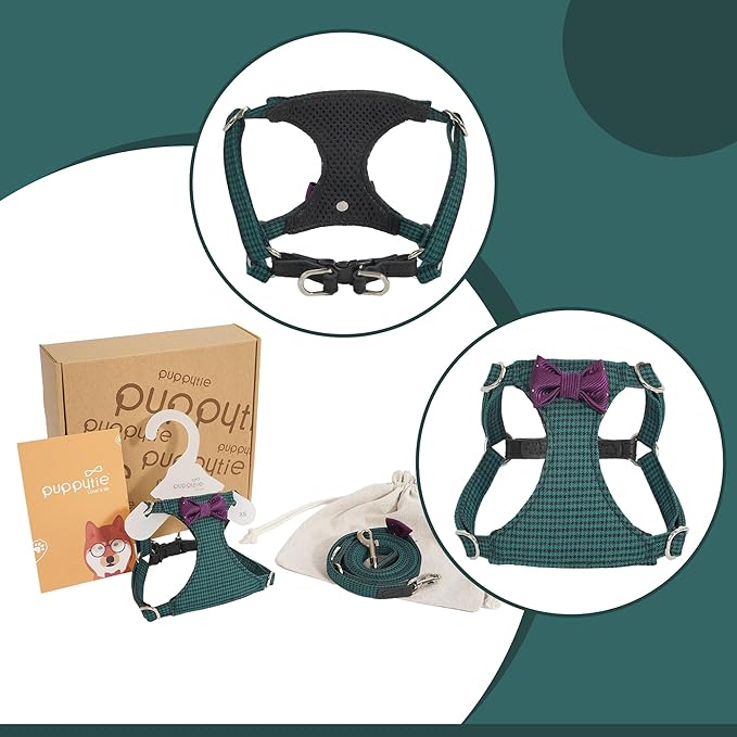 Puppytie No Pull Dog Harness with Multifunction Dog Leash,Soft Adjustable No Choke Escape Proof Pet Harness Vest for Medium Dogs,Plaid Green,M