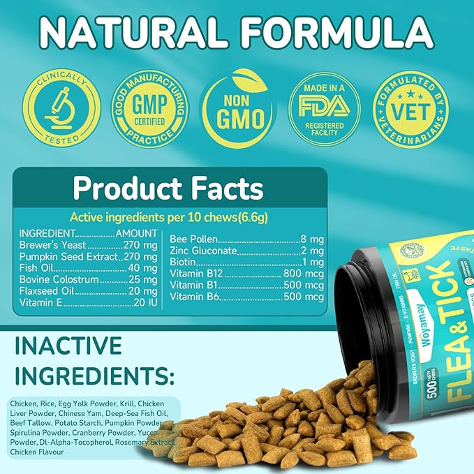 4-IN-1 Flea and Tick Prevention for Dogs, 500 Crunchy Dog Flea Chews, Dog Flea Treatment, Natural Oral Flea Treatment for Dogs, Daily Support for Flea, Skin & Coat, Gut, Immune, Chicken Flavor