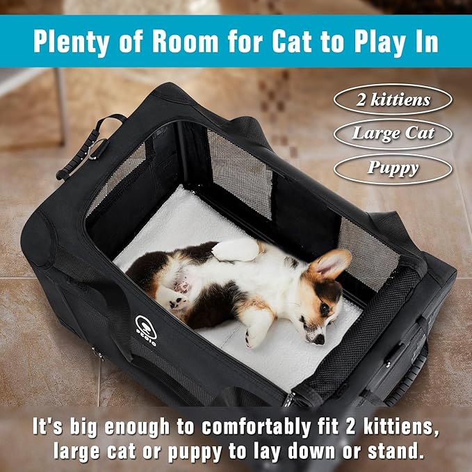 Extra Large Cat Carrier for Car Travel, Pegic Soft Sided Collapsible Pet Carrier for Outdoor and Indoor Uses, Roomy Cat Carrier for 2 Kittens, Large Cat or Puppies Up to 50lbs (Black)