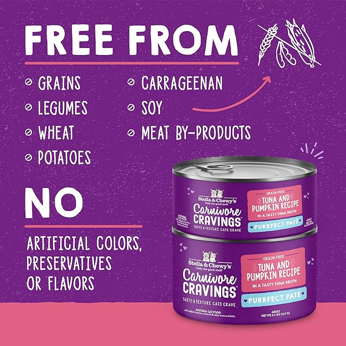 Stella & Chewy's Carnivore Cravings Purrfect Paté - Premium Grain-Free Wet Cat Food - Tuna & Pumpkin Recipe - High Protein with Bone Broth - Perfect for Picky Eaters - 2.8oz Cans (24 Pack)