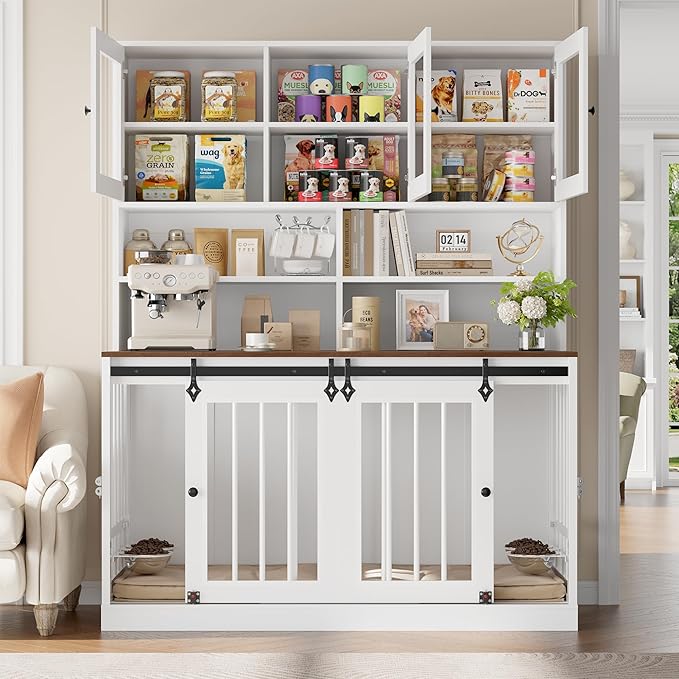 TTVIEW 71"H x 55"L Large Dog Crate Furniture with Hutch Shelf and Glass Door, Indoor Dog Kennel with Divider and Feeding Bowls for Large Dogs 2 Pets, Heavy Duty Dog Cage Pet House with 4 Doors, White