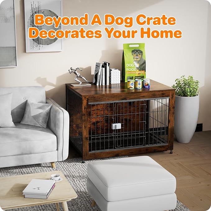 Dog Crate Furniture, Wooden Dog Crate 38in, Decorative Cage with End Table for Dog Indoor Kennel, High Anxiety Dog, Escape-Proof Locks for All Breeds