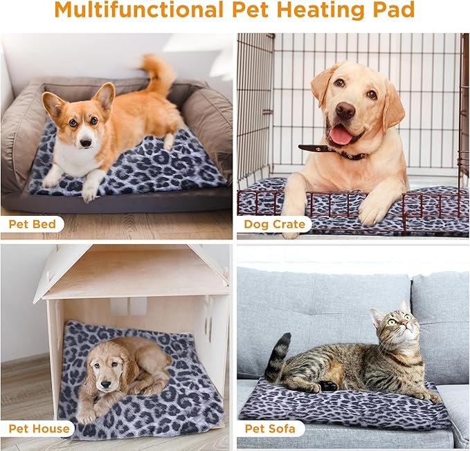 Tikaton MET Certified Pet Heating Pad, 2024 New Upgrade Heated Cat Bed Indoor with Auto Shut Off Timer, 6 Temperature Adjustable Pet Heating Pads (S: 18" x 16", BlackLeopard)