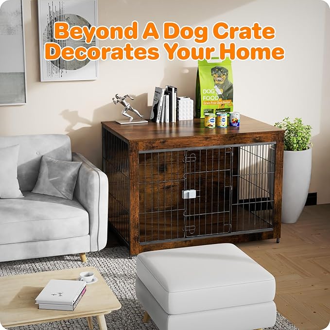 Dog Crate Furniture, Wooden Dog Crate 43in, Decorative Cage with End Table for Dog Indoor Kennel, High Anxiety Dog, Escape-Proof Locks for All Breeds