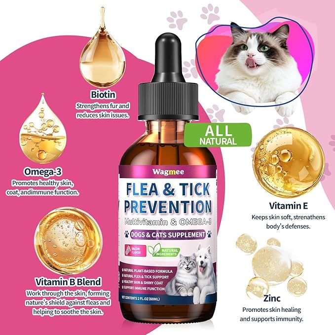 Flea & Tick Prevention for Dog and Cat, Natural Oral Flea & Tick Support Drops with Multivitamin Omega-3 for Pets - Supports Healthy Skin & Coat - Flea Herbal Drops All Breeds and Sizes - Bacon