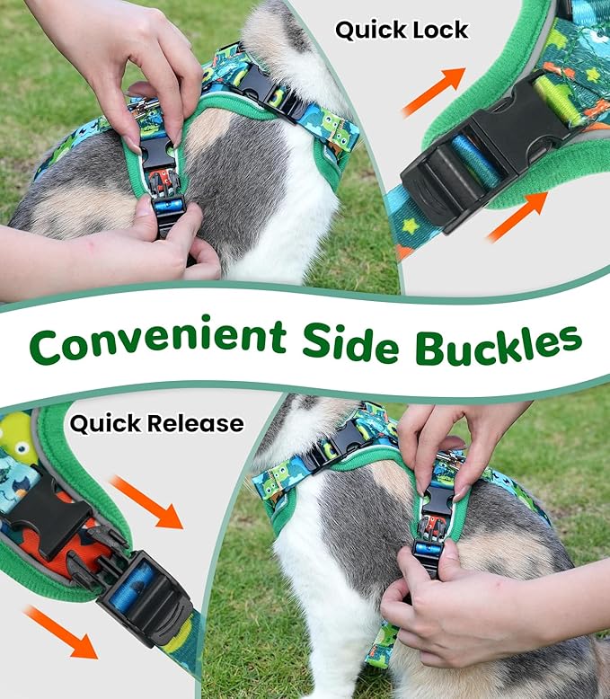 Halypet Cat Harness and Leash Set for Walking, Escape Proof Adjustable Vest Harness with 3-in-1 Integrated Buckles, Easy Control Soft Breathable Mesh with Reflective Strips for Cats, XS, Green Monster