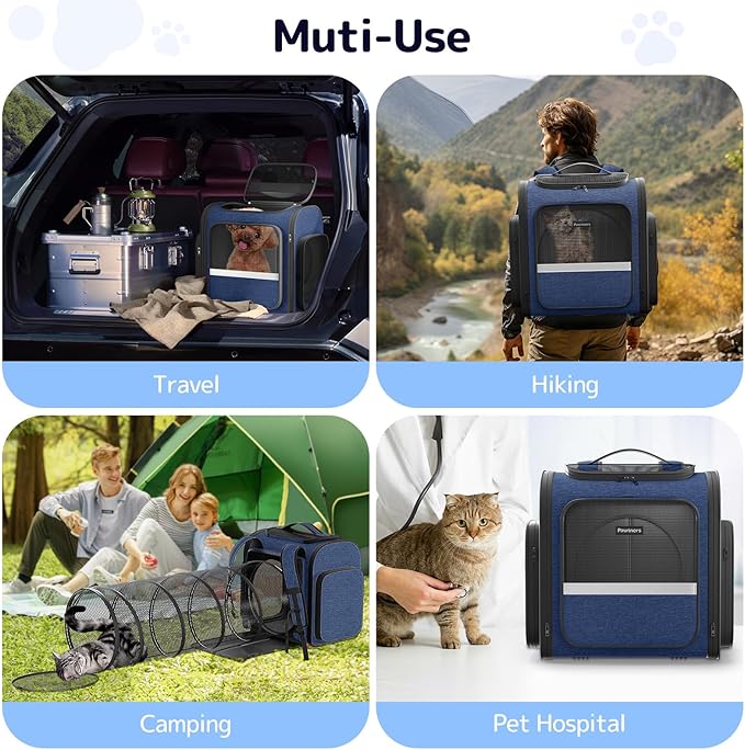 Pawtners Cat Carrier Backpacks Expandable Pet Backpack with Breathable Mesh, Pet Carrier Backpack for Cats Small Dogs Puppies Up to 18 Lbs, Dog Carrier Backpack for Travel Hiking Camping Outdoor Blue