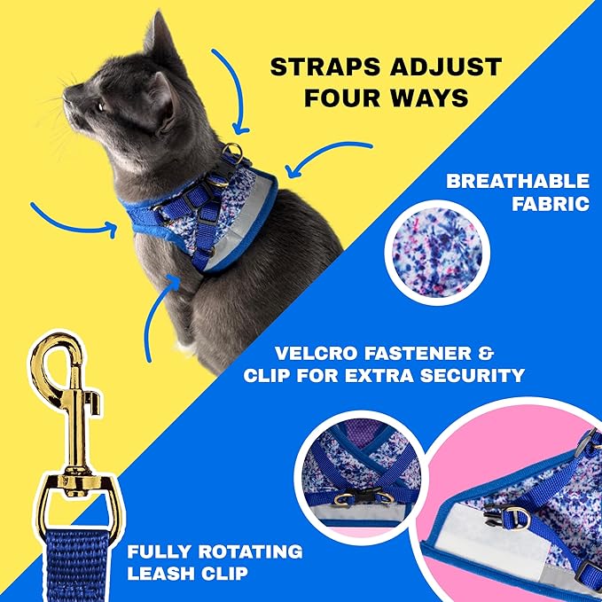 Travel Cat Harness and Leash Set - Adjustable Fit Mesh Cat Harness and Reflective Strap - Comfort Walking Vest for Kitten for Outdoor Walking, Hiking (Medium, Groovy)