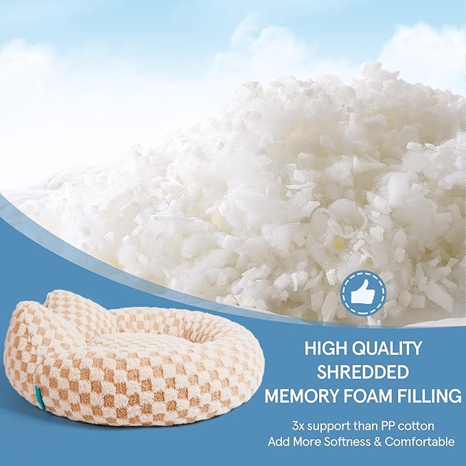 Round Dog Bed for Small Dogs & Cats -Washable Dount Cute Cat Bed for Indoor Cats, Orthopedic Sherpa Fleece Soft Cozy Calming Pet Bed with Removable Zipper Cover (Khaki Check, (23x23x8inches))