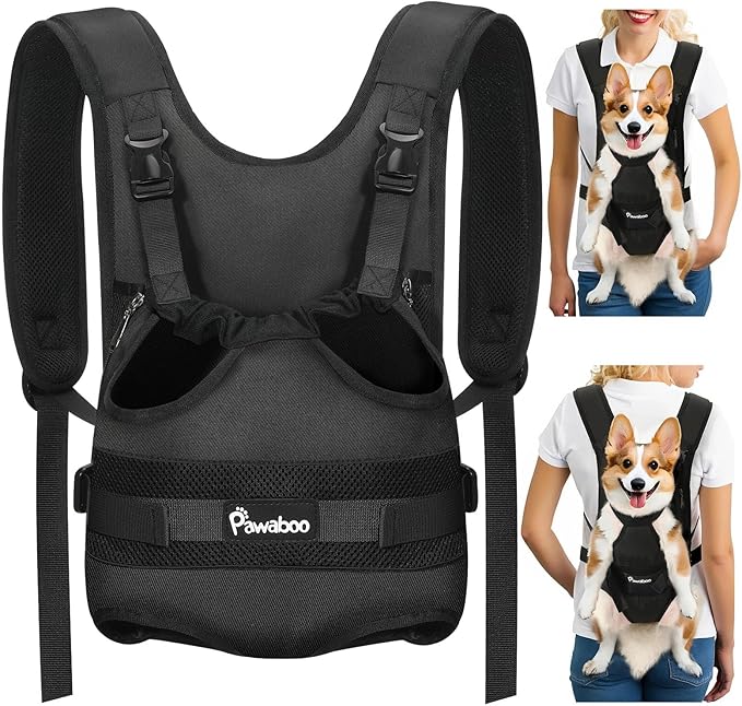 Pawaboo Pet Dog Front Carrier Backpacks, Legs Out Pet Carrier Backpack for Dogs, Adjustable Easy-fit Dog Chest Carriers for Small Medium Dogs Hands Free for Travel Hiking Cycling Camping, XL, Black