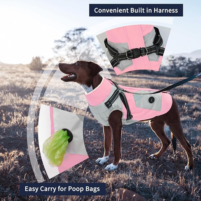IECOii Dog Winter Jacket for Small Dogs, Waterproof Dog Coat with Harness Built in, Windproof Reflective Zip Up Fleece Jacket for Dogs, Puppy Thermal Warm Snowsuit for Cold Weather, Pink, S