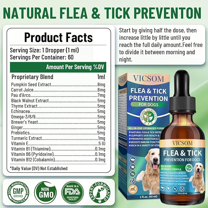 Natural Flea and Tick Prevention for Dogs, Oral Herbal Dog Flea and Tick Treatment Drops with Pumpkin Seed & Black Walnut for Dogs, Skin & Coat Care - Digestive & Immune for All Breeds and Ages, 60ml