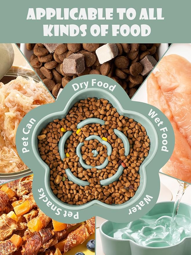 Ceramic Slow Feeder Dog/Cat Bowl, Anti-Choking Food Bowl, 8" 11.3oz for Medium, Large Breeds, Plum Puzzle Design, Non-Slip Silicone, Dishwasher and Microwave Safe, Green