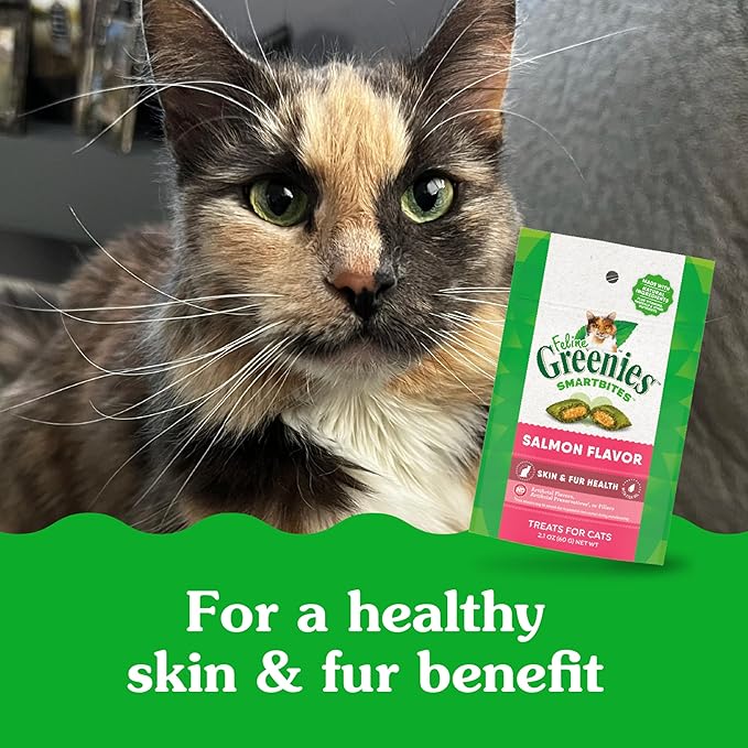 Greenies Feline Smartbites Skin & Fur Crunchy and Soft Cat Treats, Salmon Flavor, 2.1 oz. Pack