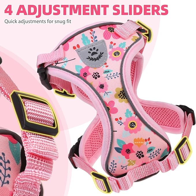 PUPTECK Cat Harness and Leash Set Escape Proof Reflective Cat Walking Harness Adjustable Soft Breathable Mesh Vest for Small Pets, Pink Flowers, M