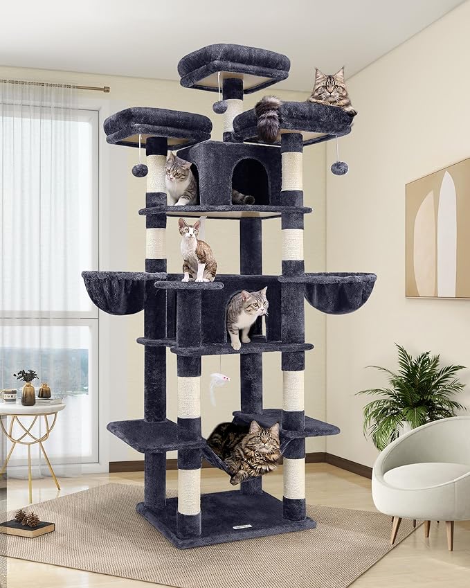 Globlazer Big Cat Tower for Indoor Cats, 80inch Cat Tower for Multiple Adult Cats XXL Cat Tree with Scratching Post, Hammock, 3 Perches, 2 Condos, 2 Hanging Basket, F80, Dark Grey