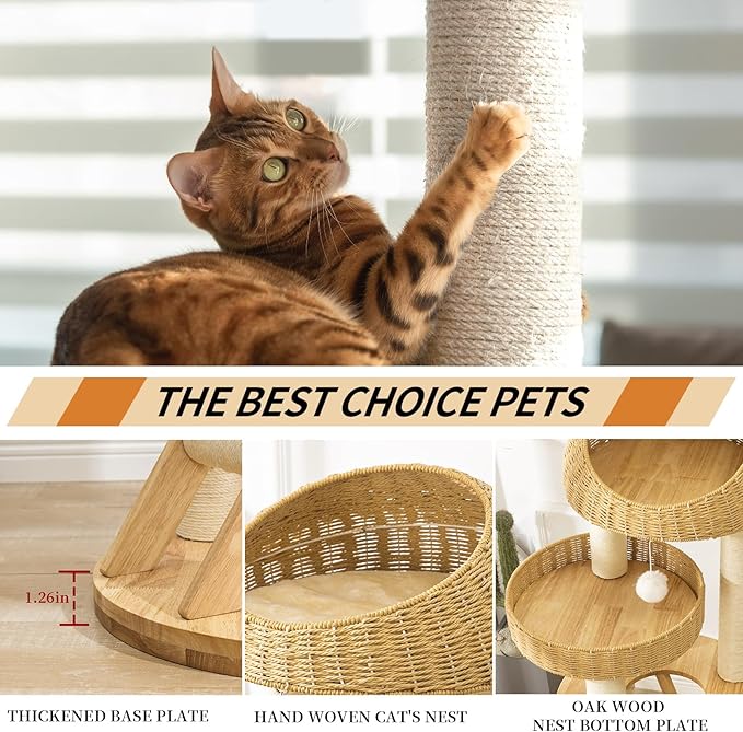 Big Modern Design Cat Tree Tower, Cat Tower Sisal-Covered Scratching Posts for Indoor Cats, Natural Oak Wood Cat Tree for Large Cats, Multi-Level Cat Condo with Sisal Staircase