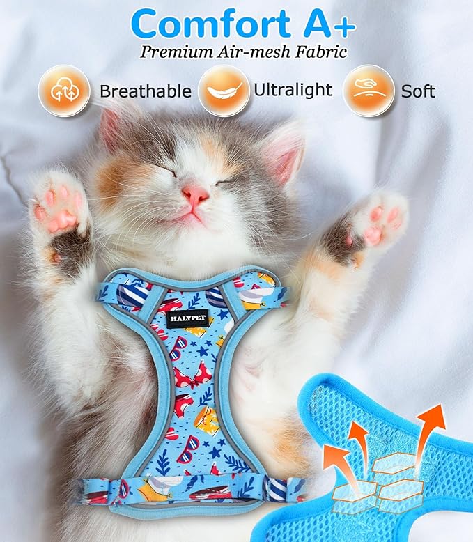 Halypet Cat Harness and Leash Set for Walking, Escape Proof Adjustable Vest Harness with 3-in-1 Integrated Buckles, Easy Control Soft Breathable Mesh with Reflective Strips for Cats, M,Azure Blue