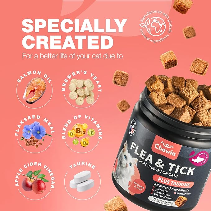Flea Treatment for Cats - Daily Oral Cat Flea and Tick Chews - Chewable Tick Treatment Supplement for Kittens - Skin & Coat, Digestive Health Supplement - Alternative to Collars, Combs, Shampoos