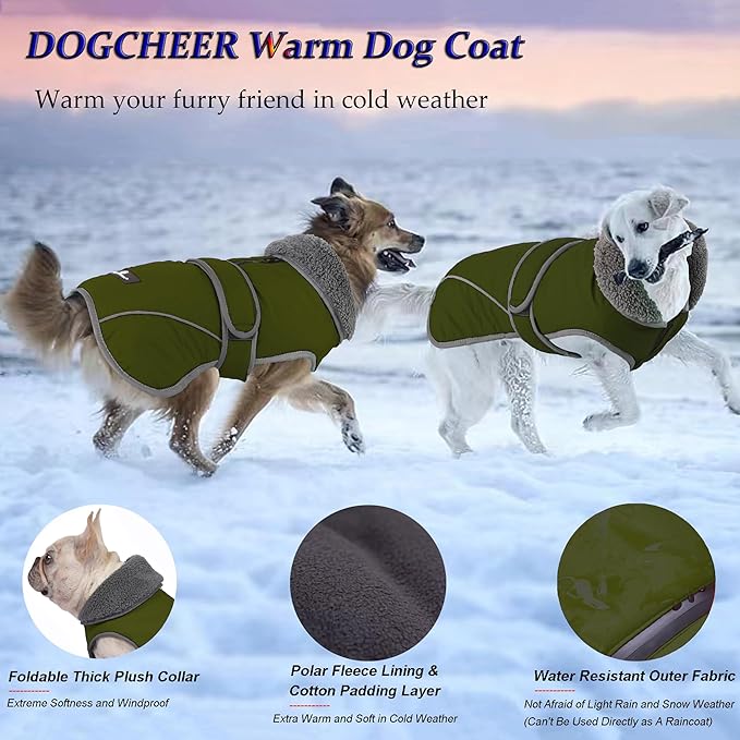 Dogcheer Dog Coat, Christmas Dog Jacket Waterproof Puppy Winter Coat for Cold Weather, Reflective Adjustable Pet Snow Jacket Warm Turtleneck Fleece Sweater for Small Medium Large Dogs - Green, S