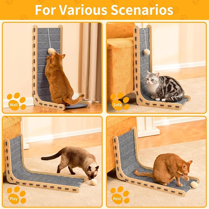 Cat Scratch Pad Felt Cat Scratcher for Indoor Cats Scratching Board Scratchers for Large Cat Scratch Furniture Protector with Ball Kitten Toys L Shape 26.8 Inch Grey