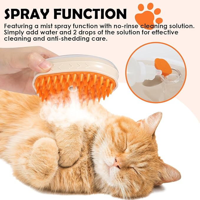 Pet Steam Brush for Dog & Cat, 5-In-1 Spray Comb for Hair Removal Deshedding & Grooming, Vibration Massage Hair Remover for Long & Short Pets Includes Rinse-Free Shampoo & Skin Checking Light