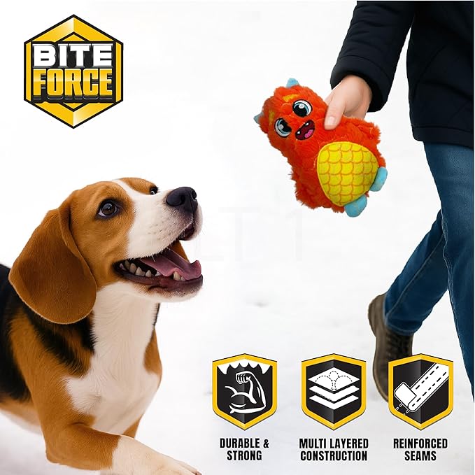Bite Force - Durable & Strong Dog Toy Orange Monster with Squeaker, Kevlar-Reinforced for Aggressive Chewers.