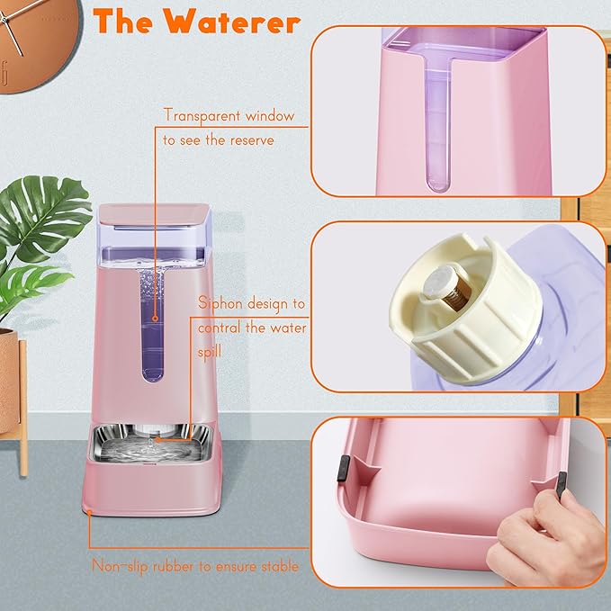 Cat Food Dispenser and Cat Water Dispenser Set with Stainless Steel Bowls Gravity Dog Feeder for Small Medium Big Cat Dog Pet Puppy Kitten, 1 Gallon x 2