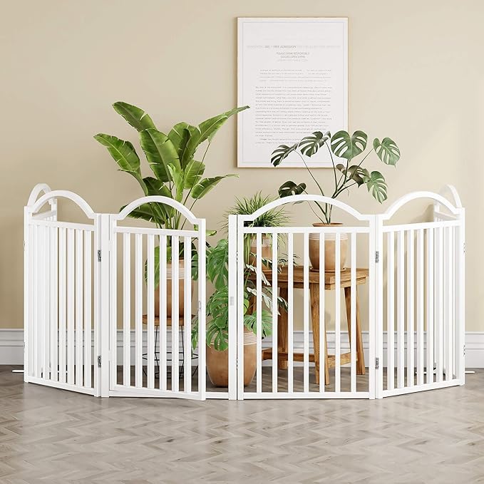 UDD Metal Folding Dog Gate Indoor 144" Extra Wide, 32" Tall Foldable Pet Gate with Door for Stairs Doorways Hallways Porch, Freestanding No Drilling Pet Fence for Dogs Puppy, White 6-Panel