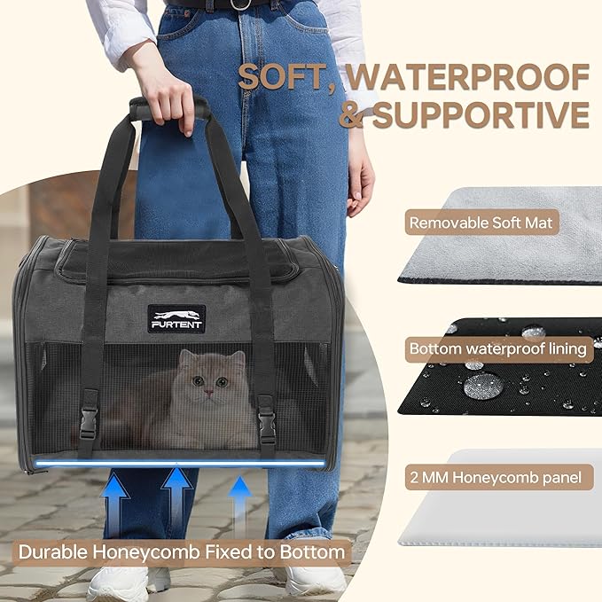 Pet Carrier for Large Cats 25 lbs, Mesh Pets Travel Carriers for Puppy Two Small Cats Rabbits with Shoulder Strap & Removable Mat, Portable Collapsible Puppy Crate Indoor and Outdoor, Black