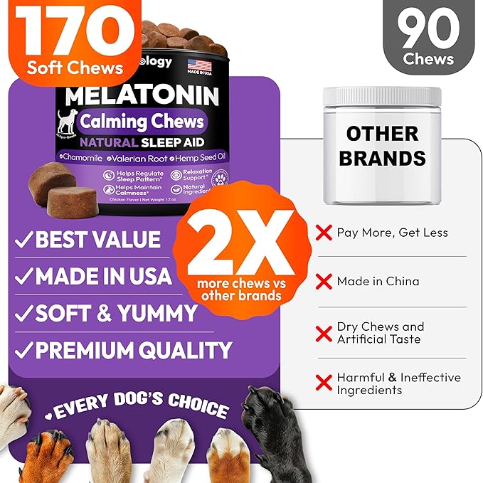 Advanced Melatonin for Dogs - 170 Dog Melatonin Calming Chews for Small and Large Dogs - Natural Hemp Dog Sleep Aid, Puppy Sleeping Pills, Anxiety, Stress, Separation, Barking, Fireworks - Made in USA