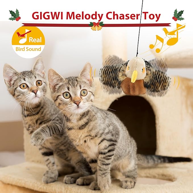 Gigwi Flapping Bird Cat Toy, Hangable Flying Bird Cat Toys for Indoor Cats, Interactive Motion Activated Chirping Cat Toy, Automatic Beating Wings with Catnip