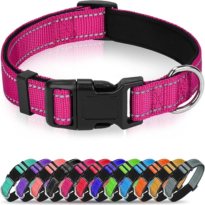 Reflective Dog Collar, Soft Neoprene Padded Nylon Pet Collar with Quick-Release Buckle, Adjustable for Mediunm Dogs,Hotpink,M, 3/4" Width
