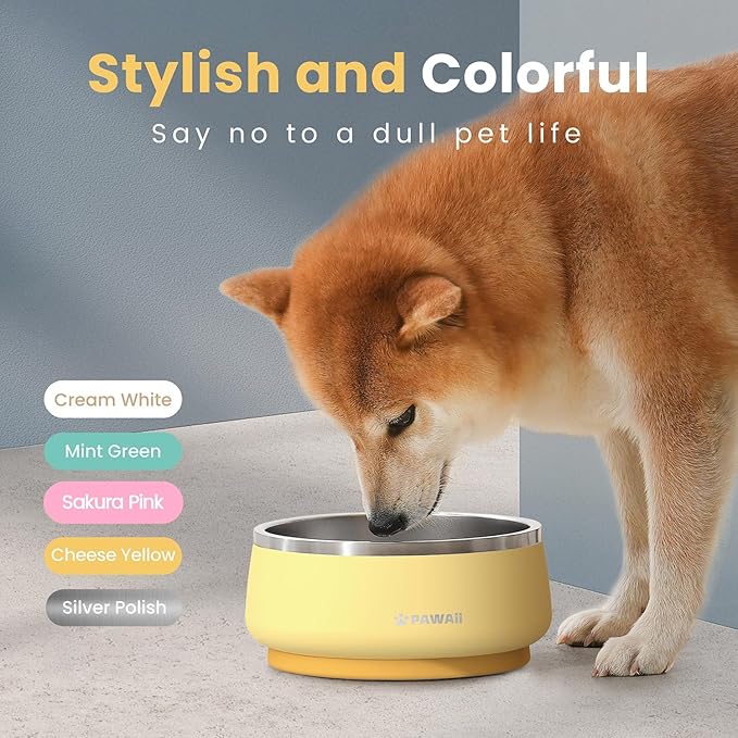 Pawaii Stainless Steel Dog Bowl with Non-Slip Rubber Base & Double Wall Insulation - Durable Design | Includes ID Tag | Dishwasher Safe Food & Water Bowl for All Dogs (34oz)