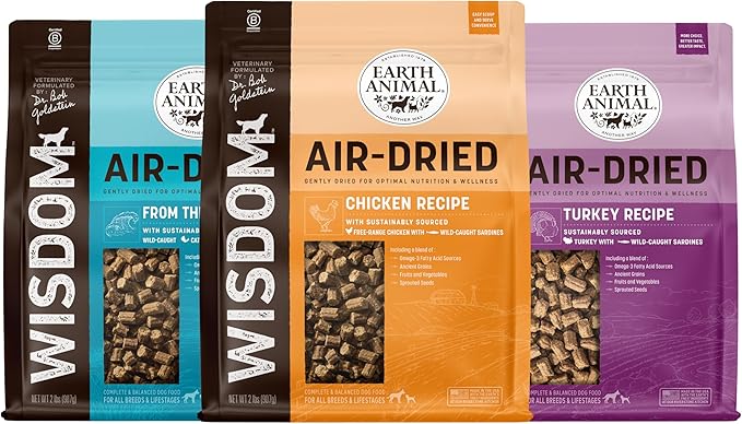 Earth Animal Wisdom Air Dried Dog Food | Premium Natural Dog Food | Variety Pack of Chicken, Turkey, from The Sea | All Breeds & Ages | Made in The USA | 2 Pound Bags (3 Pack)