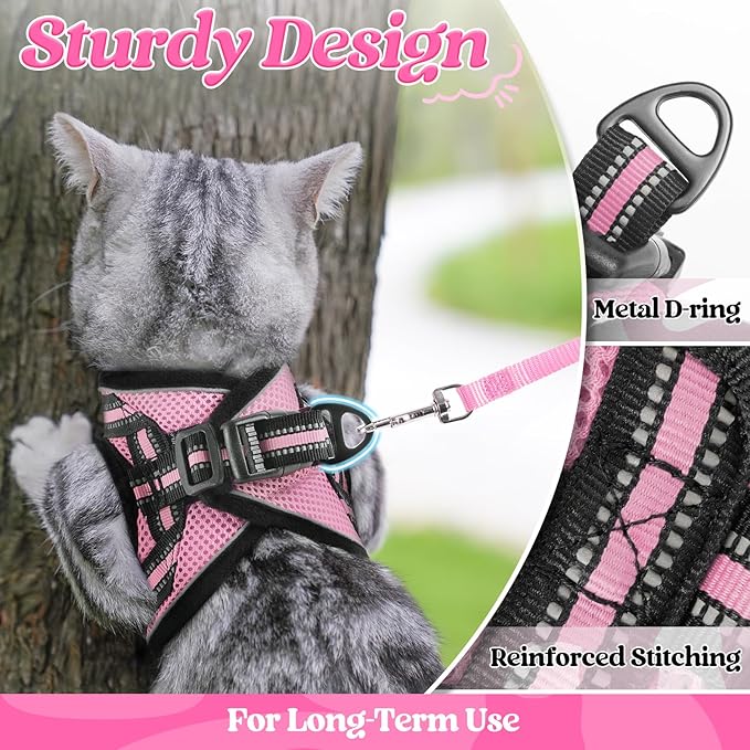 rabbitgoo Cat Harness and Leash Set for Walking Escape Proof, Adjustable Soft Kittens Vest with Reflective Strip for Cats, Comfortable Outdoor Vest, Pink, L
