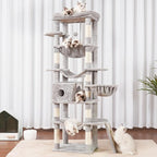 Hey-brother Cat Tree, 69.3-Inches Multi-Level Plush Cat Tower for Indoor Cats with Large Top Perch, Extra Spacious Hammock, 2 Hammocks Ramp, Hanging Ball, Light Gray MPJ037W