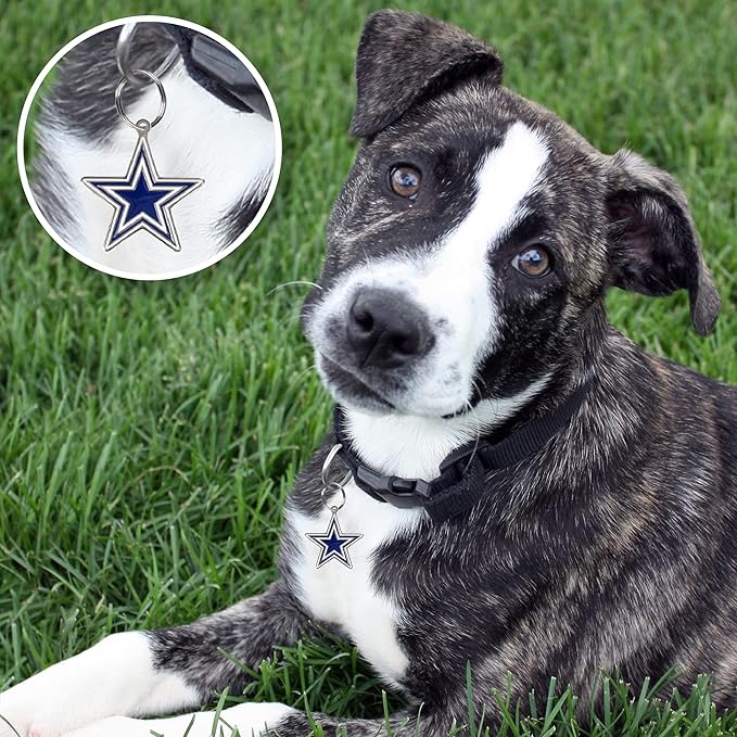 NFL Dallas Cowboys Engraving Pet ID Tags in 32 Team Logo Shapes Personalized Dog Tags and Cat Tags with 3 Lines of Customizable Text for Tracking & Safety. Stainless Steel Pet ID Tracking Tags