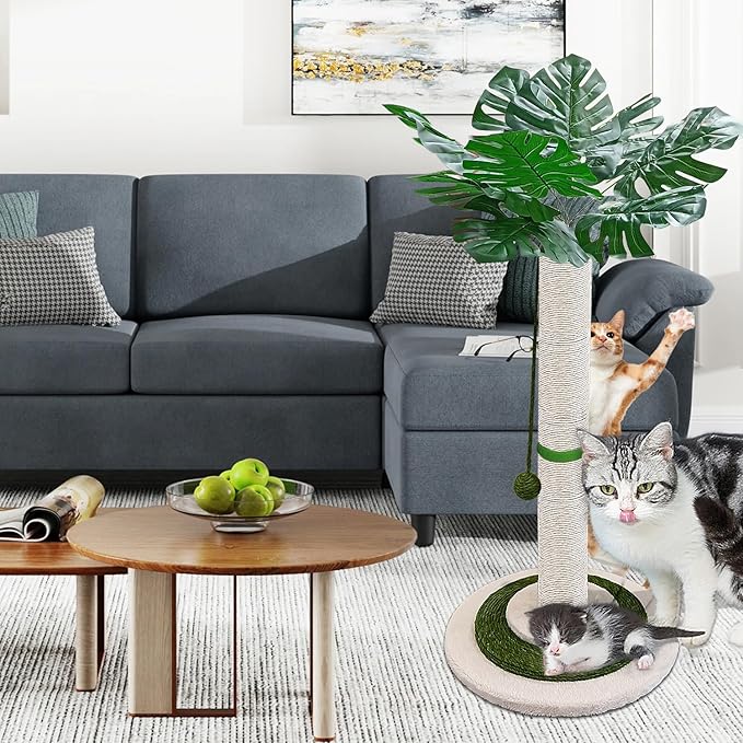 Cat Scratching Post 38" Tall Scratching Post for Indoor Cats Cat Scratcher Cat Tree Wrapped Sisal Rope Large Cat Scratching Post Cute Cat Scratching with Interactive Dangling Balls and Spring Ball