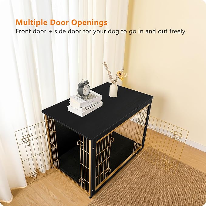 DWANTON Dog Crate Furniture with Cushion, Wooden Kennel Table with Double Doors, Indoor Dog House, Large Size, 38.5" L, Black+Gold