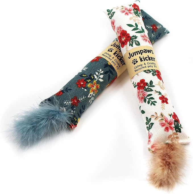 2 Pack Natural Interactive Catnip & Silvervine Cat Kicker with Feathers, Bite Resistant Chew Toy, Crinkle Kicker, Accessories for Indoor Cat, Premium Corduroy Floral