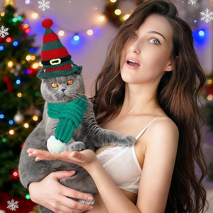 2 Pcs Cat Christmas Costume Cat Santa Hats with Scarf Pet Hat Scarf Set Pet Christmas Outfit Party Costume Supplies for Cats Small Dogs Puppy Accessories(Green,Belt Style)