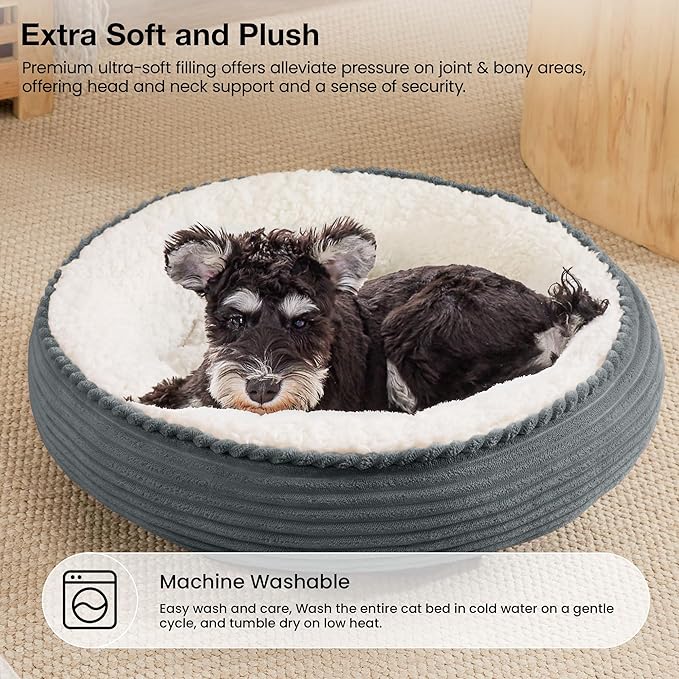 Love's cabin Round Donut Cat and Dog Cushion Bed, 25in Pet Bed for Small or Medium Dogs, Anti-Slip & Water-Resistant Bottom, Soft Durable Fabric Pet Beds, Washable Calming Cat Bed BluishGrey Stripe