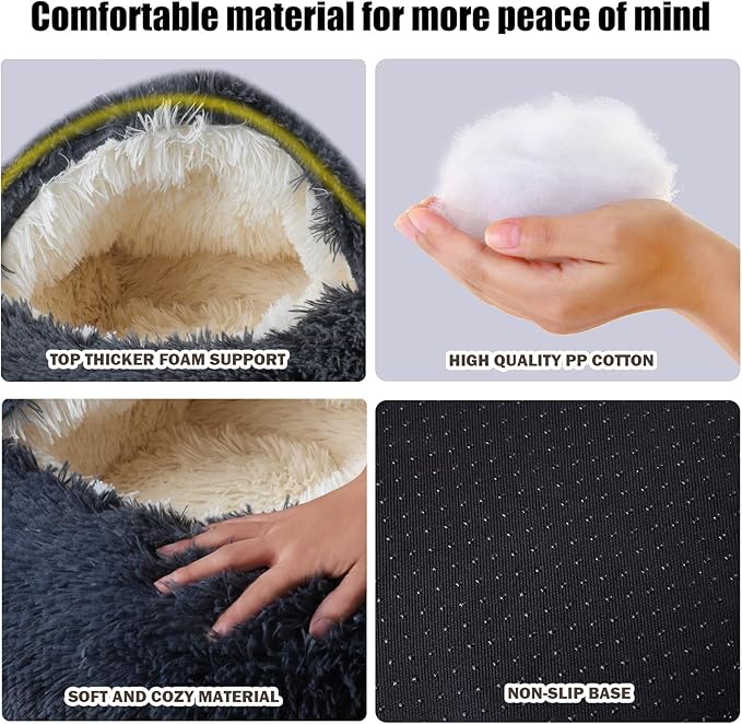 Calming Dog Beds & Cat Cave Bed with Hooded Cover,Washable Round Beds for Small Medium Pets,Anti-Slip Faux Fur Fluffy Coved Bed,Comfortable Warming Pet Bed(16 * 16inch,Dark Gray)