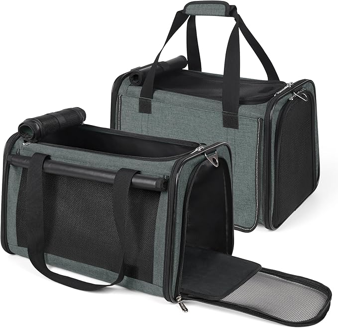 YUDODO 2 Packs 25 lbs Lightproof Soft Sided Pet Carrier for Large Cat & Small Dog Airline Approved Travel Bag Puppy Carriers with Side Pockets & Reflective Mesh, Foldable Portable for Car 2 Grey Green
