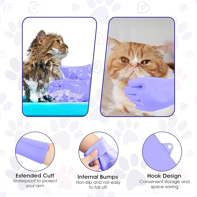Pet Grooming Gloves with High-Density Teeth, Silicone Five Finger Design for Washing, Massaging Dogs and Cats (Purple)
