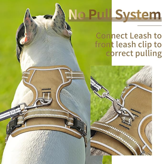 HEELE Dog Harness, Dog Harness for Small Medium Large Dogs No Pull Adjustable Padded Reflective Harness with Handle for Walking Training, Brown, M