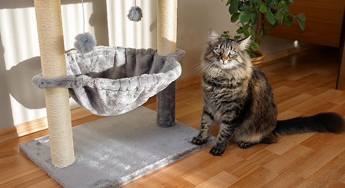 24-inch Cat Tree for Indoor Cats & Kittens – Multi-Level Cat Tower with Hammock & Scratching Post – Sturdy Perch for Large Cats – Space-Saving Small Cat Bed – Light Gray