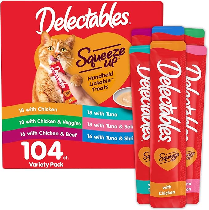 Delectables Squeeze Up Variety Pack, Creamy Squeezable Puree, Lickable Wet Cat Treats, Grain Free, No Added Fillers, No by-Products, No Added Preservatives, 0.5 Ounces Tube, 104 Tubes Total